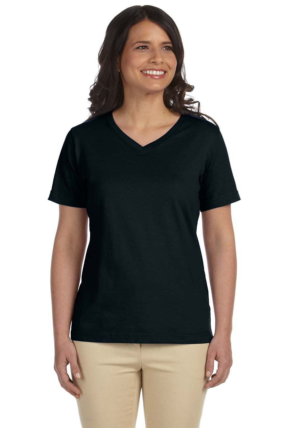 LAT L-3587 Womens Premium Jersey Short Sleeve V-Neck T-Shirt Black Front