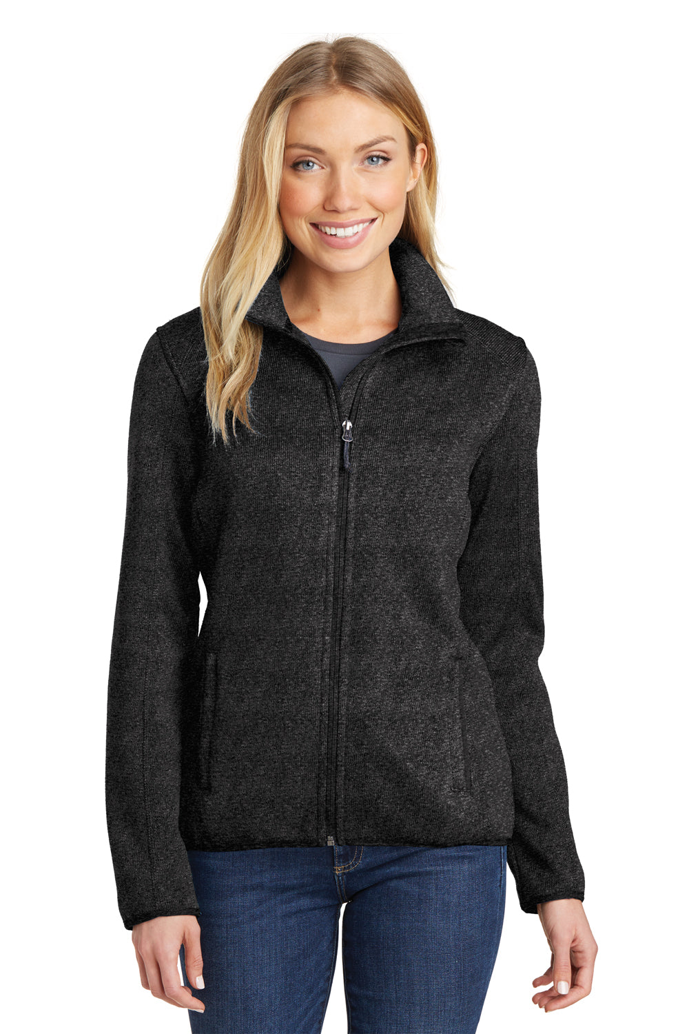 Port Authority L232 Womens Full Zip Sweater Fleece Jacket Heather Black Front