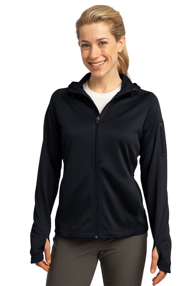 Sport-Tek L248 Womens Tech Moisture Wicking Fleece Full Zip Hooded Sweatshirt Hoodie Black Front