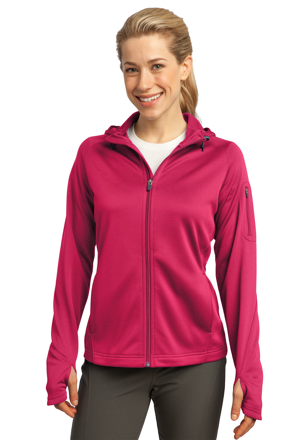 Sport-Tek L248 Womens Tech Moisture Wicking Fleece Full Zip Hooded Sweatshirt Hoodie Fuchsia Pink Front