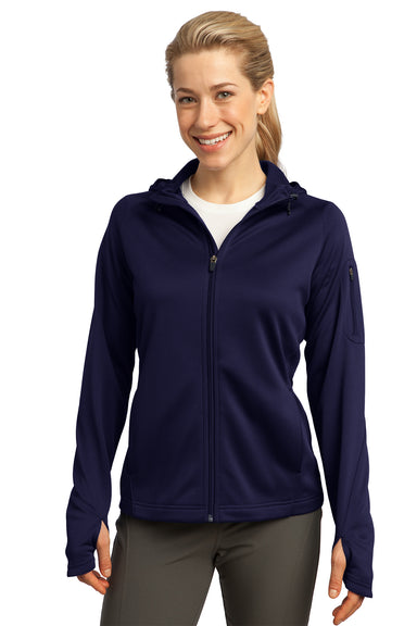 Sport-Tek L248 Womens Tech Moisture Wicking Fleece Full Zip Hooded Sweatshirt Hoodie Navy Blue Front
