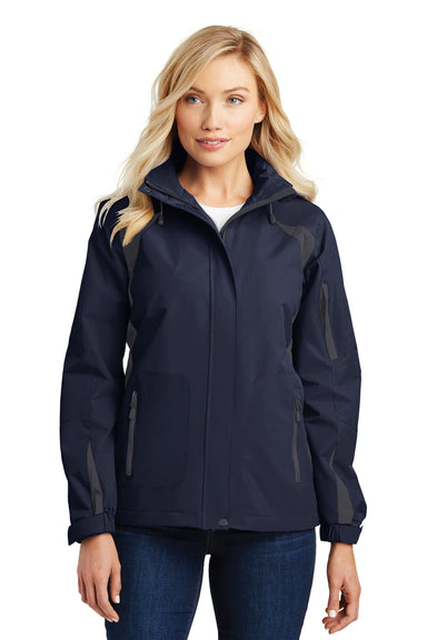 Port Authority L304 Womens All Season II Waterproof Full Zip Hooded Jacket Navy Blue/Iron Grey Front