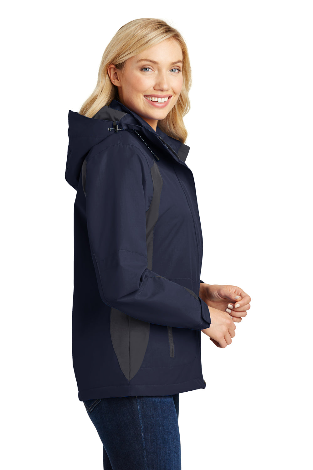 Port Authority L304 Womens All Season II Waterproof Full Zip Hooded Jacket Navy Blue/Iron Grey Side