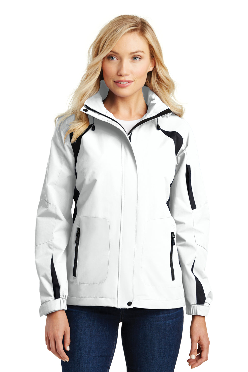 Port Authority L304 Womens All Season II Waterproof Full Zip Hooded Jacket White/Black Front
