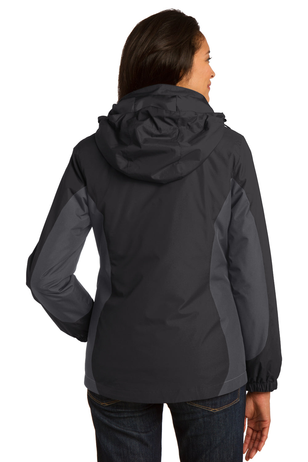 Port Authority L321 Womens 3-in-1 Wind & Water Resistant Full Zip Hooded Jacket Black/Grey/Red Back