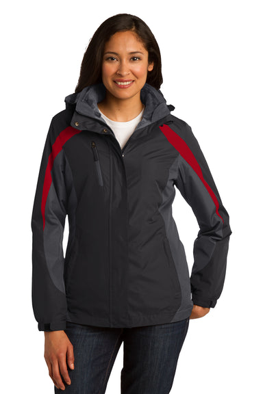 Port Authority L321 Womens 3-in-1 Wind & Water Resistant Full Zip Hooded Jacket Black/Grey/Red Front