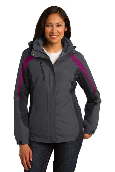 Port Authority L321 Womens 3-in-1 Wind & Water Resistant Full Zip Hooded Jacket Grey/Black/Berry Purple Front