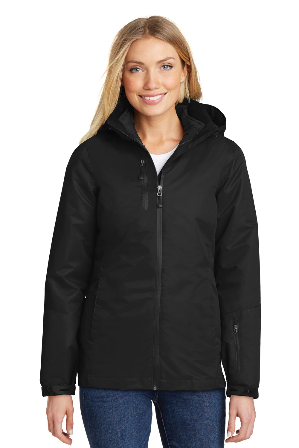 Port Authority L332 Womens Vortex 3-in-1 Waterproof Full Zip Hooded Jacket Black Front