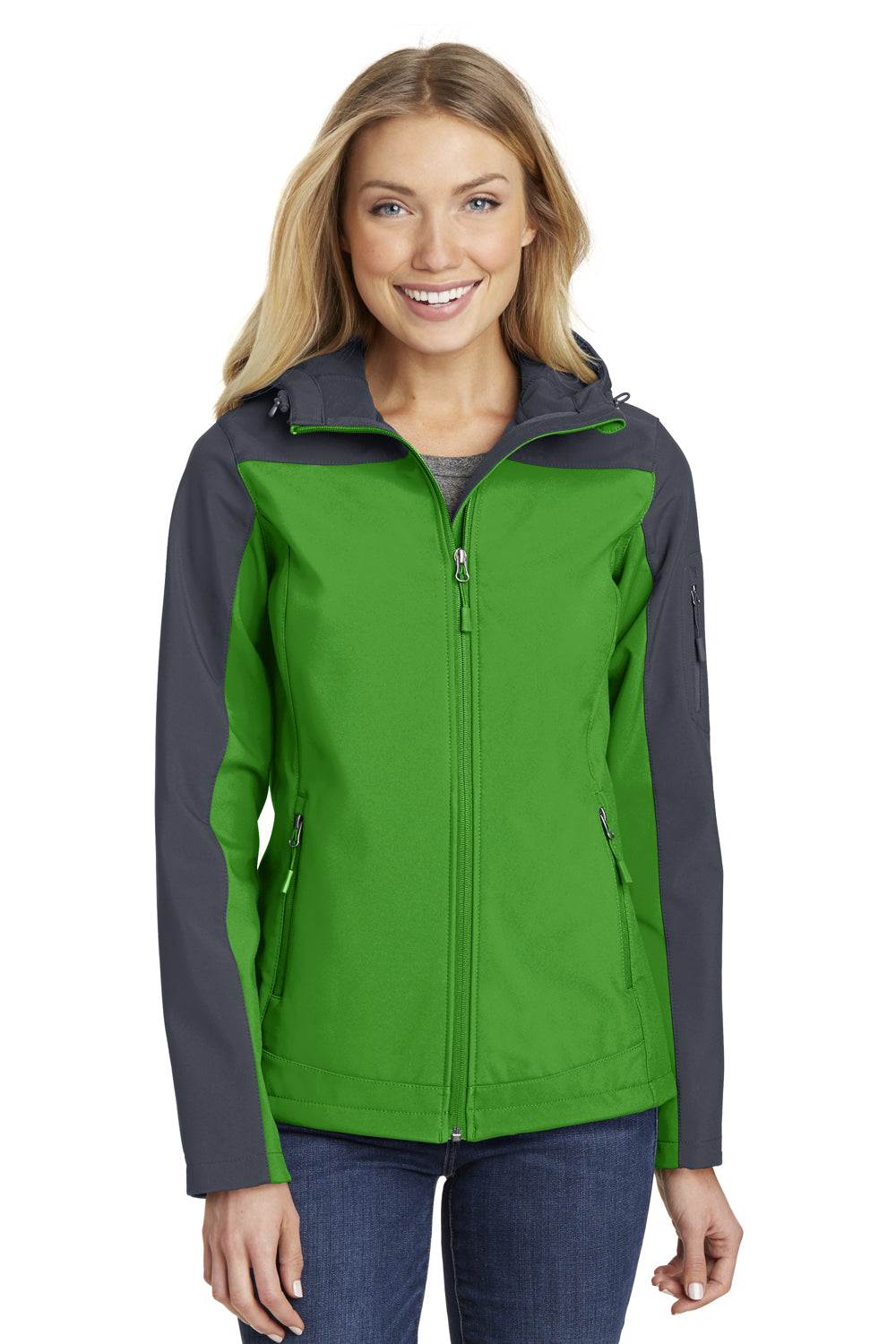 Port Authority L335 Womens Core Wind & Water Resistant Full Zip Hooded Jacket Green/Grey Front
