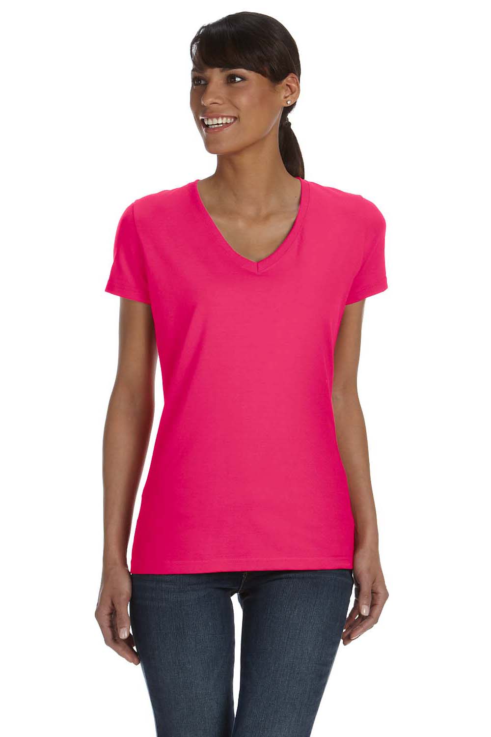 Fruit Of The Loom L39VR Womens HD Jersey Short Sleeve V-Neck T-Shirt Cyber Pink Front
