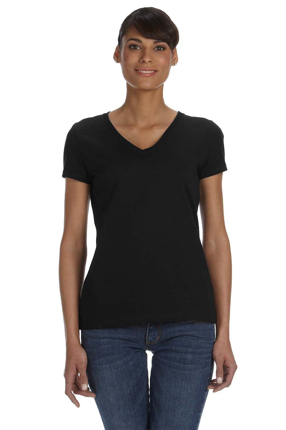 Fruit Of The Loom L39VR Womens HD Jersey Short Sleeve V-Neck T-Shirt Black Front