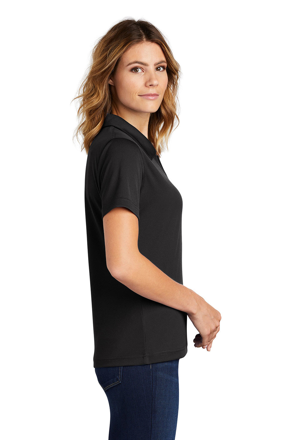 Sport-Tek L469 Womens Dri-Mesh Moisture Wicking Short Sleeve Polo Shirt Black Side