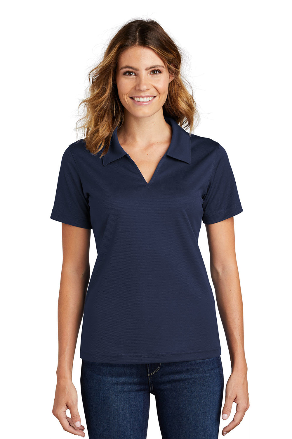 Sport-Tek L469 Womens Dri-Mesh Moisture Wicking Short Sleeve Polo Shirt Navy Blue Front