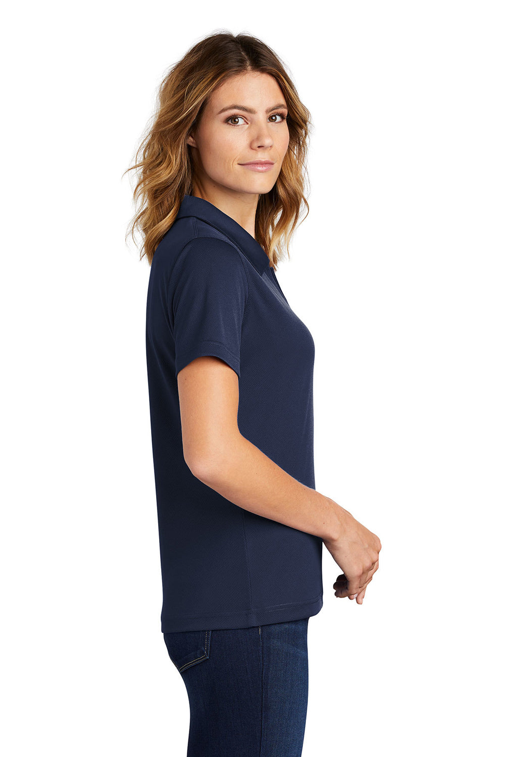 Sport-Tek L469 Womens Dri-Mesh Moisture Wicking Short Sleeve Polo Shirt Navy Blue Side