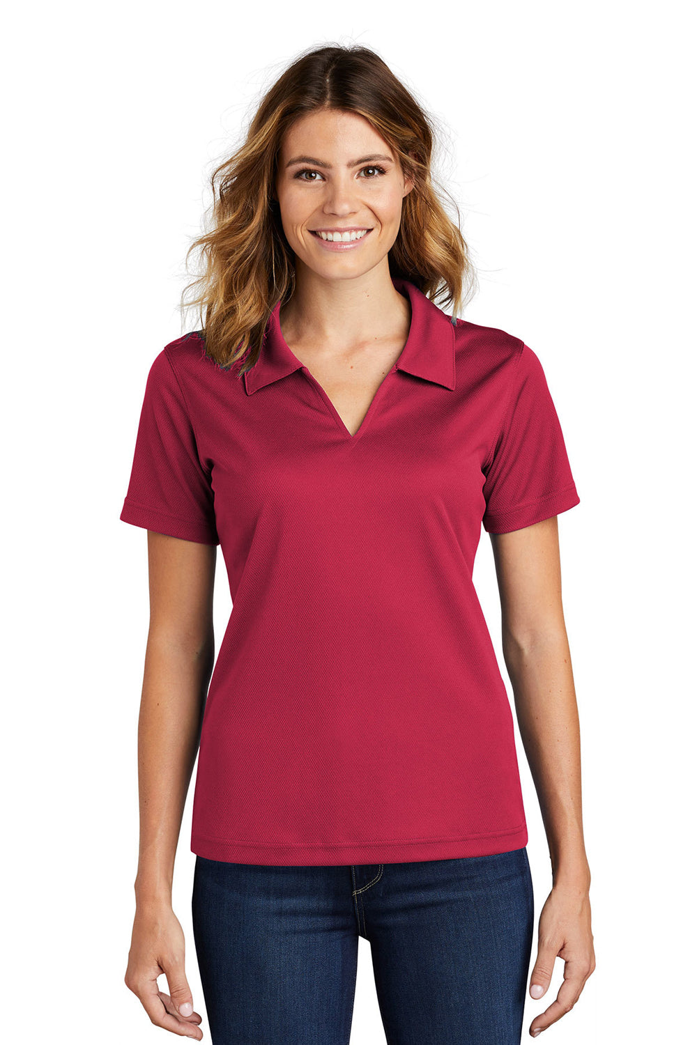 Sport-Tek L469 Womens Dri-Mesh Moisture Wicking Short Sleeve Polo Shirt Red Front