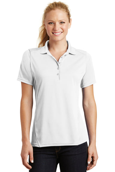 Sport-Tek L475 Womens Dry Zone Moisture Wicking Short Sleeve Polo Shirt White Front
