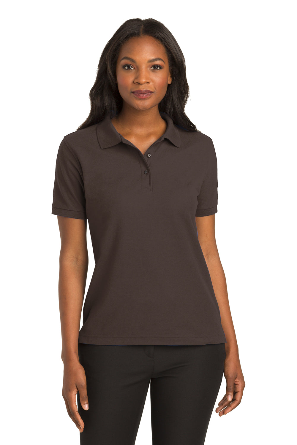 Port Authority L500 Womens Silk Touch Wrinkle Resistant Short Sleeve Polo Shirt Coffee Brown Front