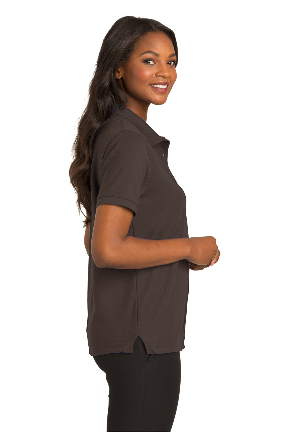 Port Authority L500 Womens Silk Touch Wrinkle Resistant Short Sleeve Polo Shirt Coffee Brown Side