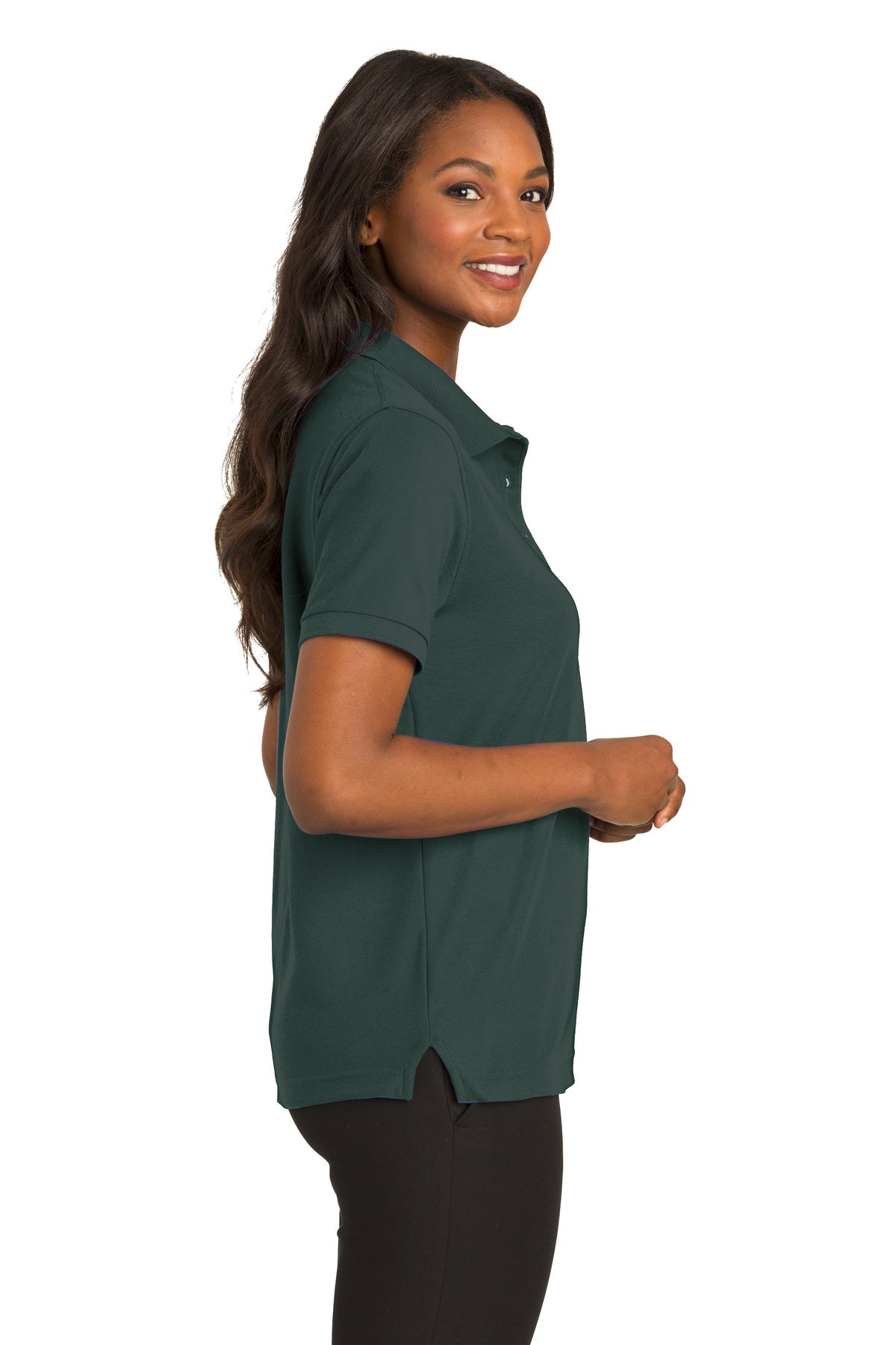 Port Authority L500 Womens Silk Touch Wrinkle Resistant Short Sleeve Polo Shirt Dark Green Side