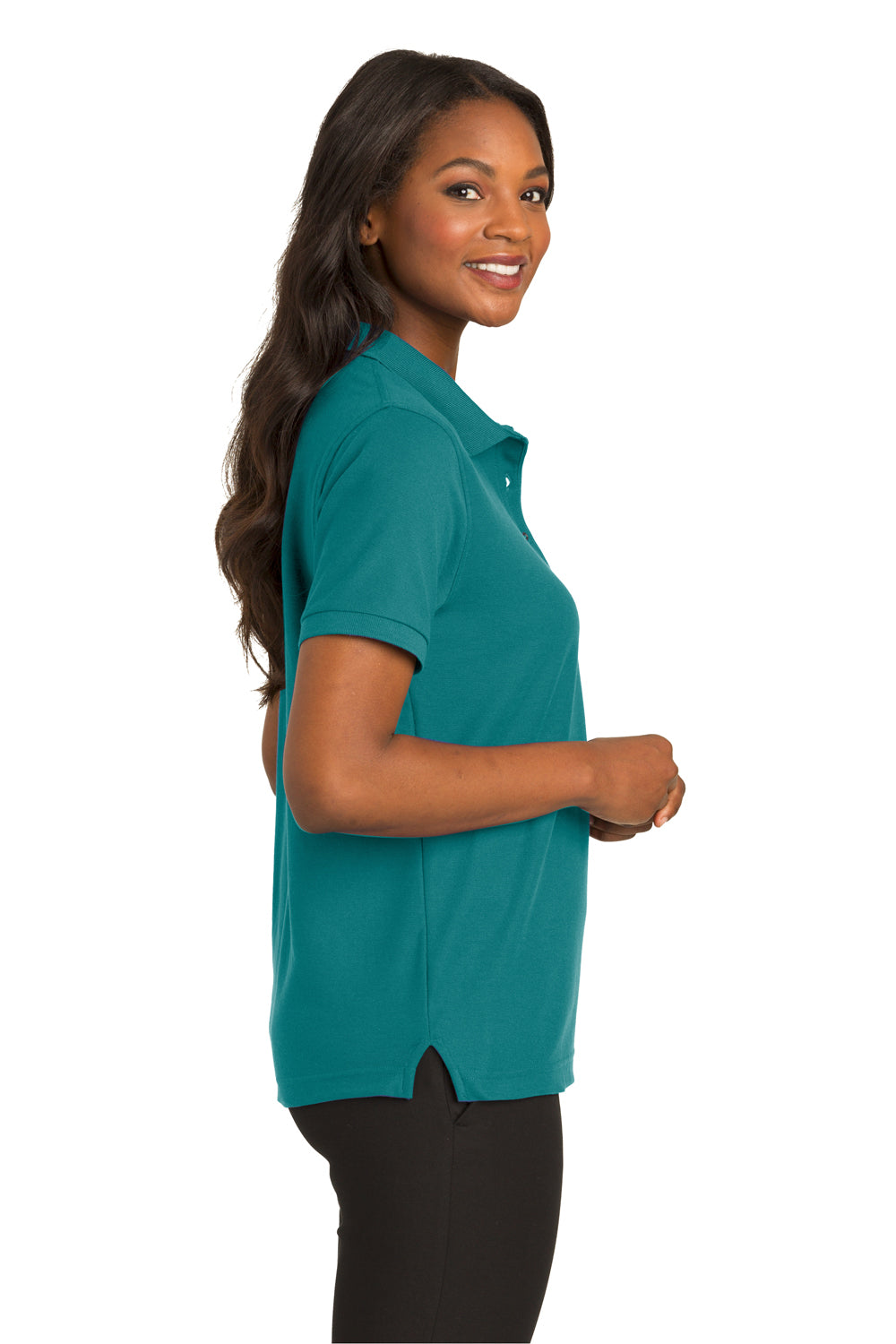Port Authority L500 Womens Silk Touch Wrinkle Resistant Short Sleeve Polo Shirt Teal Green Side