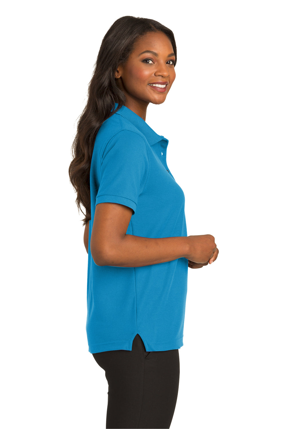 Port Authority L500 Womens Silk Touch Wrinkle Resistant Short Sleeve Polo Shirt Turquoise Blue Side