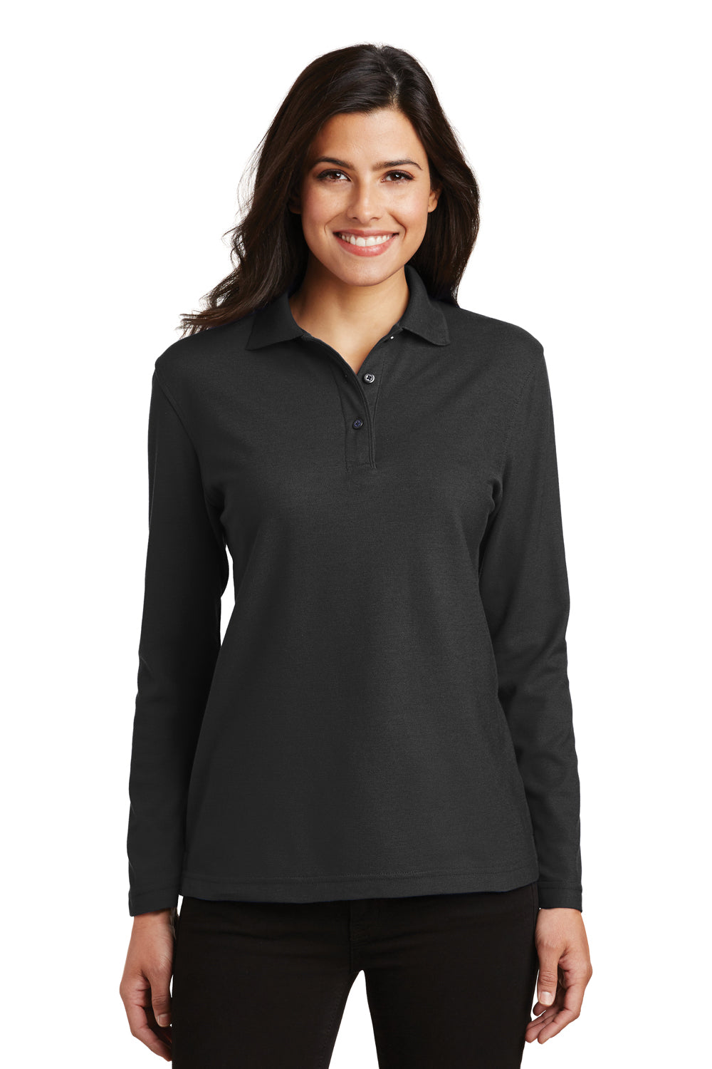 Port Authority L500LS Womens Silk Touch Wrinkle Resistant Long Sleeve Polo Shirt Black Front