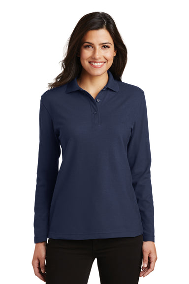 Port Authority L500LS Womens Silk Touch Wrinkle Resistant Long Sleeve Polo Shirt Navy Blue Front