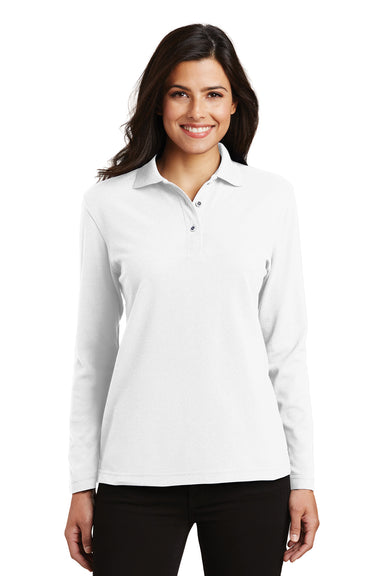 Port Authority L500LS Womens Silk Touch Wrinkle Resistant Long Sleeve Polo Shirt White Front