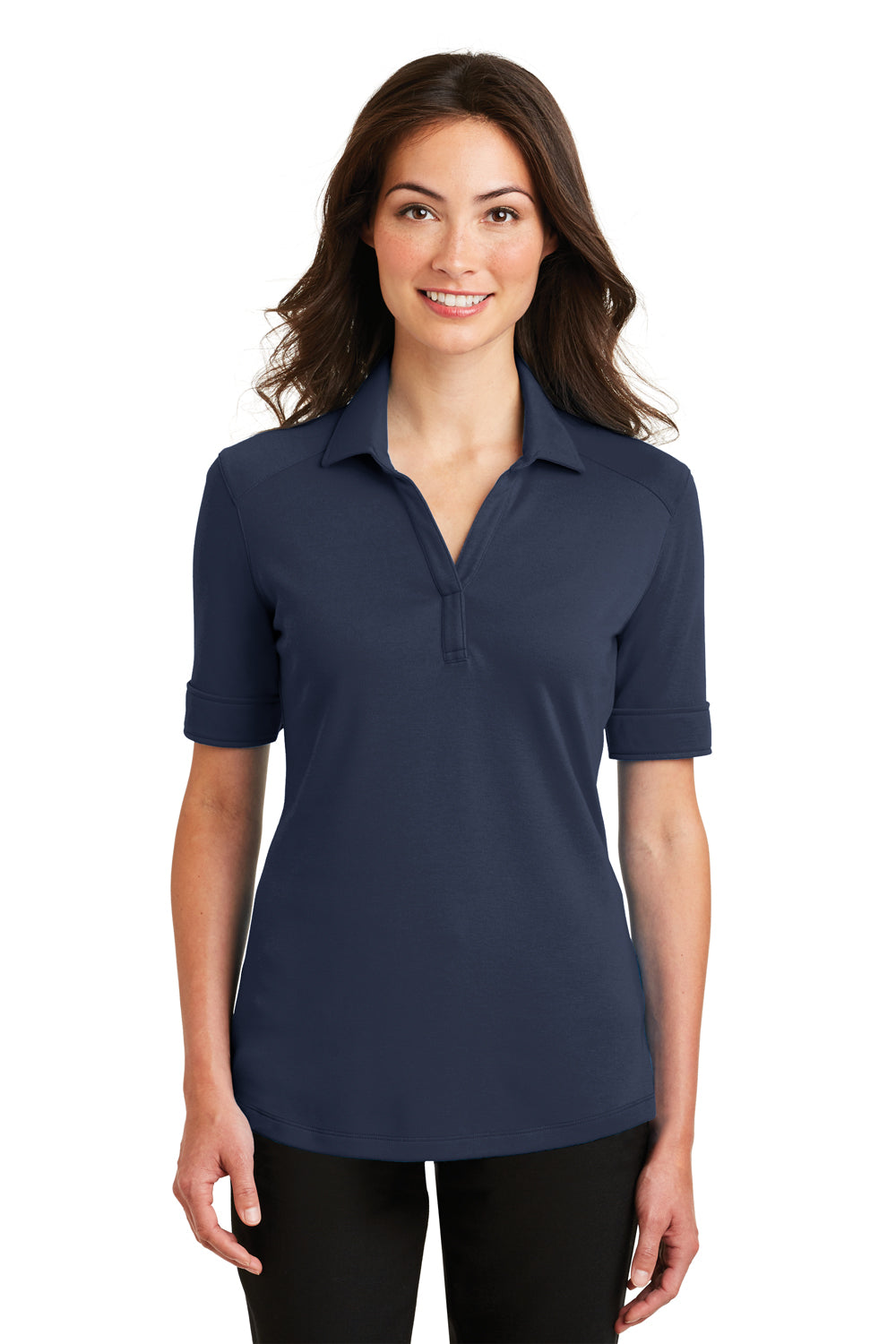 Port Authority L5200 Womens Silk Touch Performance Moisture Wicking Short Sleeve Polo Shirt Navy Blue Front