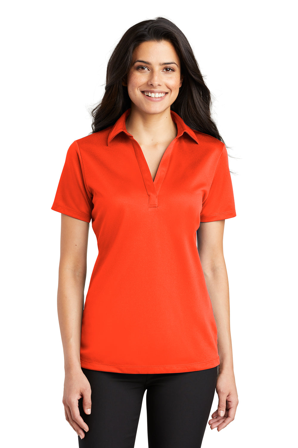 Port Authority L540 Womens Silk Touch Performance Moisture Wicking Short Sleeve Polo Shirt Neon Orange Front