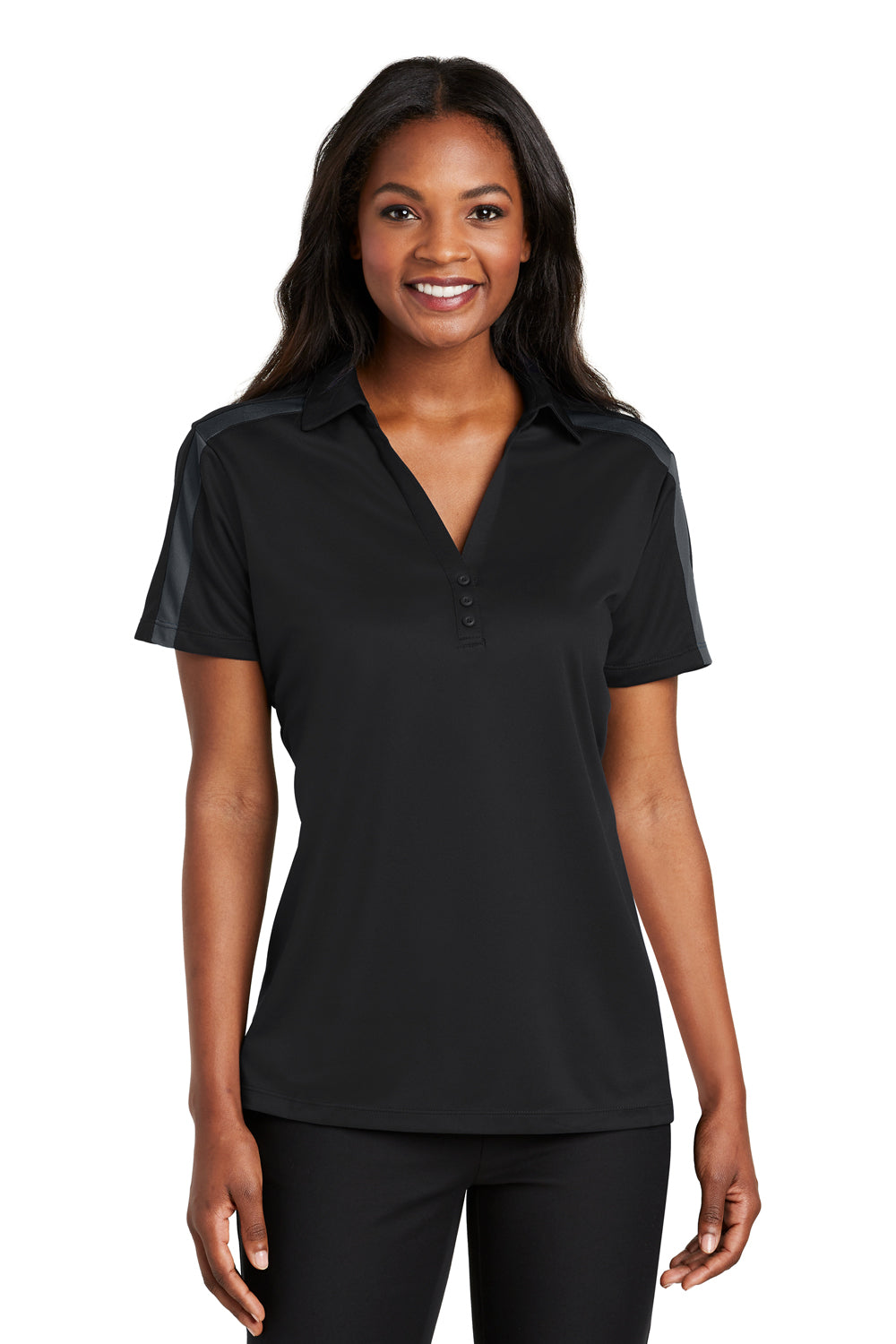 Port Authority L547 Womens Silk Touch Performance Moisture Wicking Short Sleeve Polo Shirt Black/Grey Front