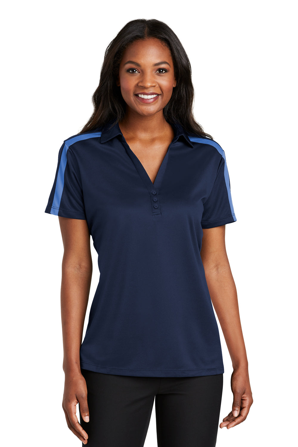 Port Authority L547 Womens Silk Touch Performance Moisture Wicking Short Sleeve Polo Shirt Navy Blue/Carolina Blue Front