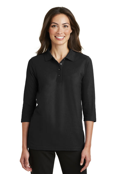Port Authority L562 Womens Silk Touch 3/4 Sleeve Polo Shirt Black Front