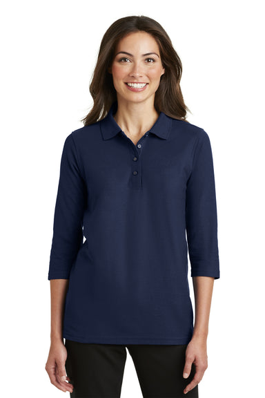 Port Authority L562 Womens Silk Touch 3/4 Sleeve Polo Shirt Navy Blue Front