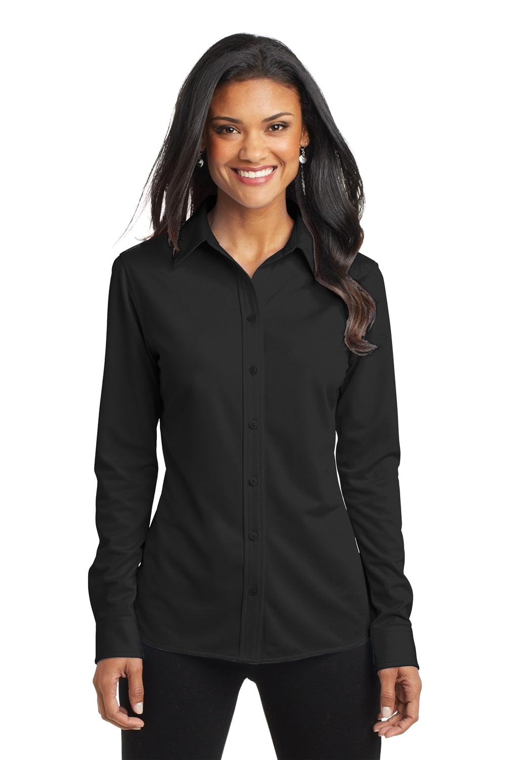 Port Authority L570 Womens Dimension Moisture Wicking Long Sleeve Button Down Shirt Black Front