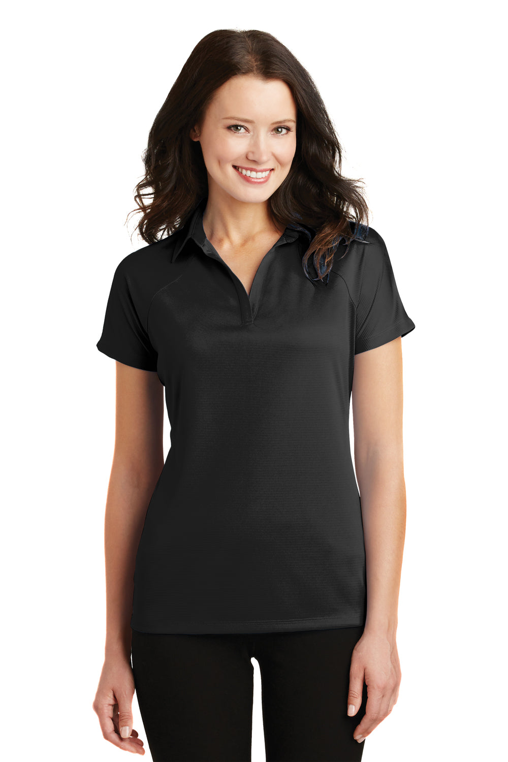 Port Authority L575 Womens Crossover Moisture Wicking Short Sleeve Polo Shirt Black Front