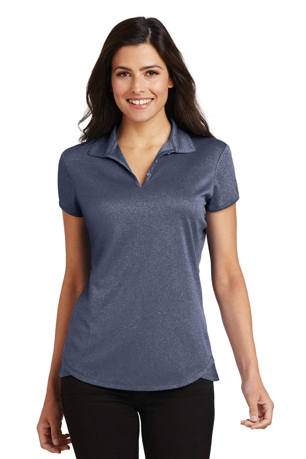 Port Authority L576 Womens Trace Moisture Wicking Short Sleeve Polo Shirt Heather Navy Blue Front