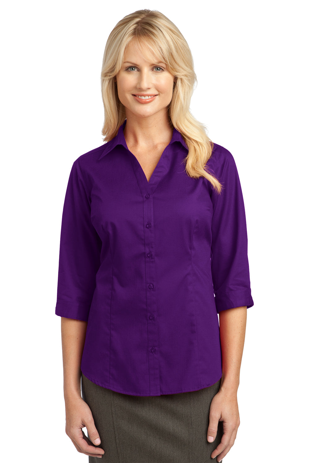 Port Authority L6290 Womens Wrinkle Resistant 3/4 Sleeve Button Down Shirt Purple Front
