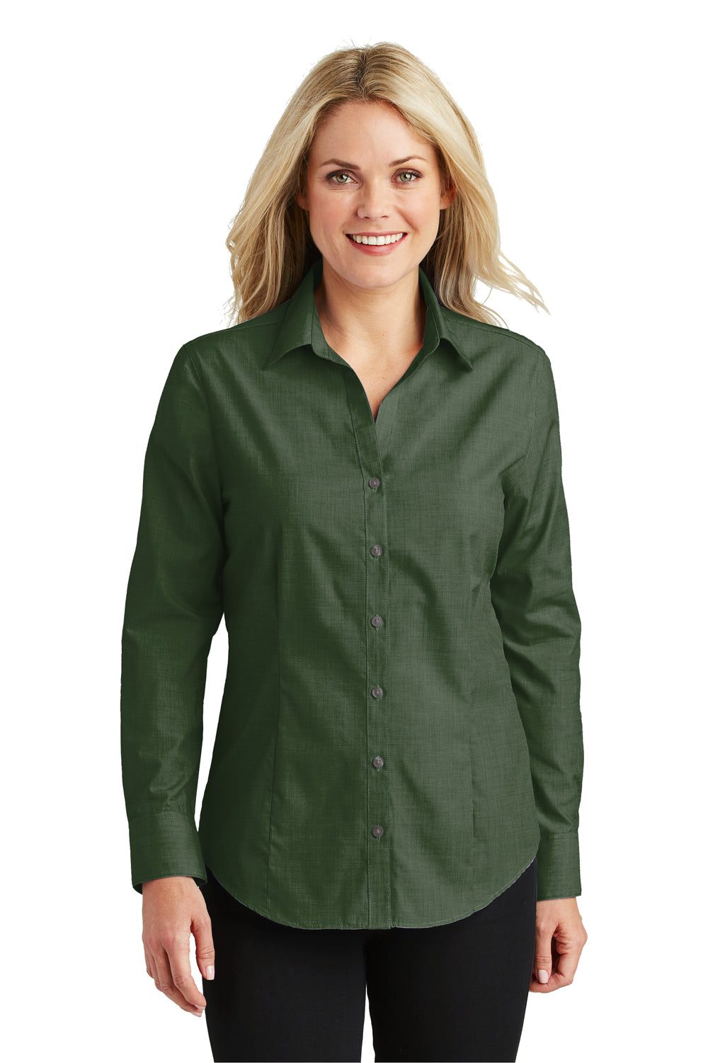 Port Authority L640 Womens Easy Care Wrinkle Resistant Long Sleeve Button Down Shirt Dark Cactus Green Front