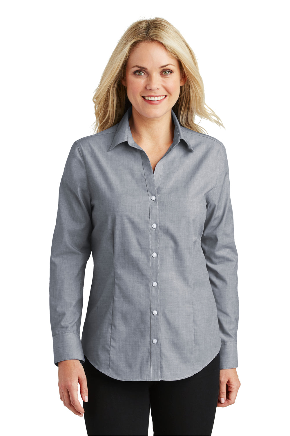 Port Authority L640 Womens Easy Care Wrinkle Resistant Long Sleeve Button Down Shirt Navy Blue Frost Front