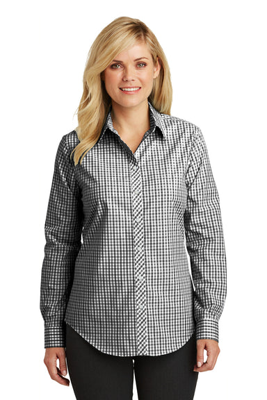 Port Authority L654 Womens Easy Care Wrinkle Resistant Long Sleeve Button Down Shirt Black/Charcoal Grey Front