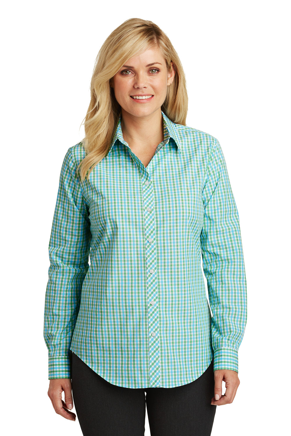 Port Authority L654 Womens Easy Care Wrinkle Resistant Long Sleeve Button Down Shirt Green/Aqua Blue Front