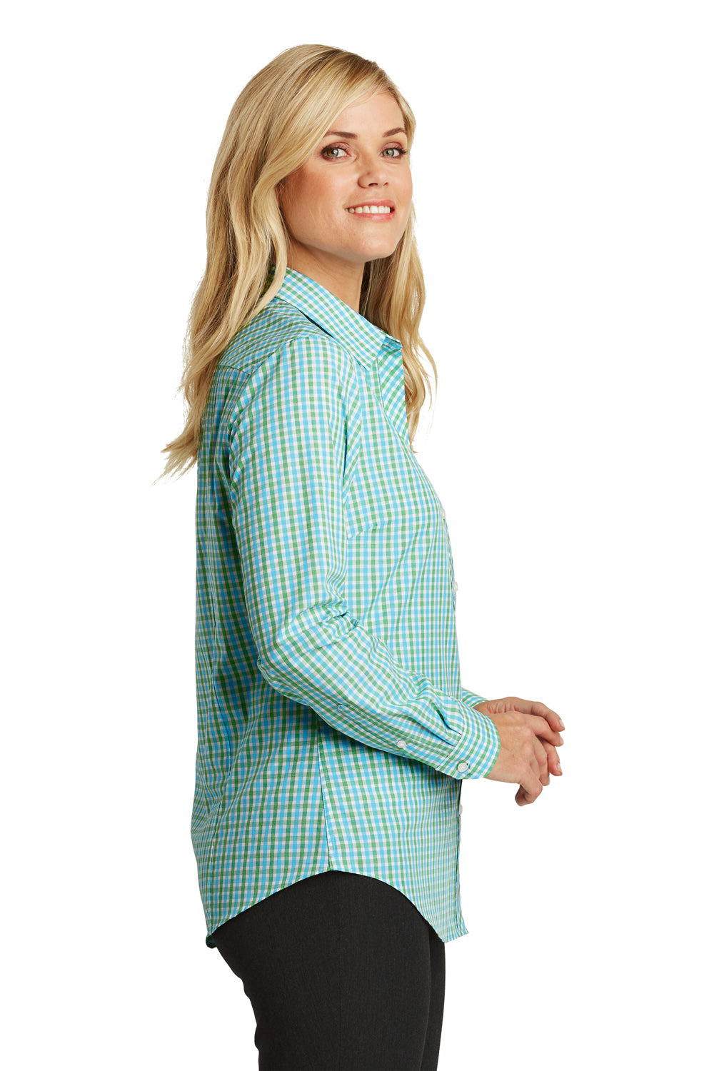 Port Authority L654 Womens Easy Care Wrinkle Resistant Long Sleeve Button Down Shirt Green/Aqua Blue Side
