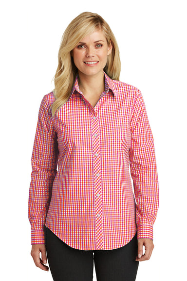 Port Authority L654 Womens Easy Care Wrinkle Resistant Long Sleeve Button Down Shirt Orange/Pink Front