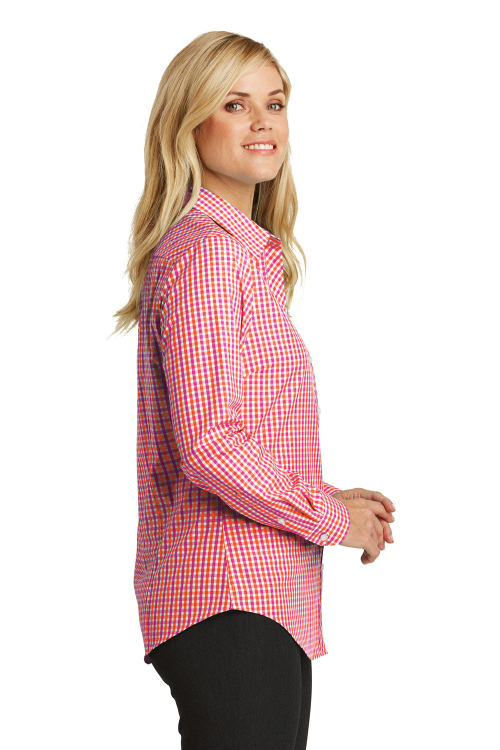 Port Authority L654 Womens Easy Care Wrinkle Resistant Long Sleeve Button Down Shirt Orange/Pink Side