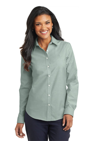 Port Authority L658 Womens SuperPro Oxford Wrinkle Resistant Long Sleeve Button Down Shirt Green Front
