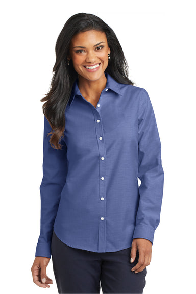 Port Authority L658 Womens SuperPro Oxford Wrinkle Resistant Long Sleeve Button Down Shirt Navy Blue Front