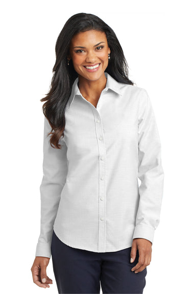 Port Authority L658 Womens SuperPro Oxford Wrinkle Resistant Long Sleeve Button Down Shirt White Front