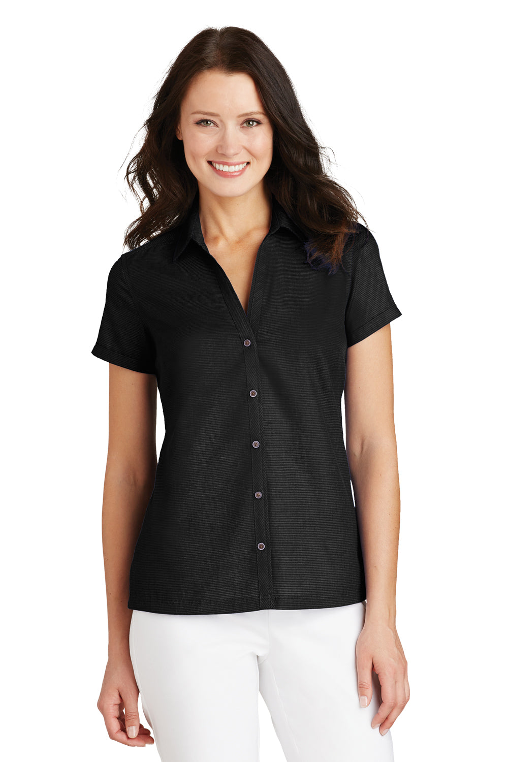 Port Authority L662 Womens Wrinkle Resistant Short Sleeve Button Down Camp Shirt Black Front