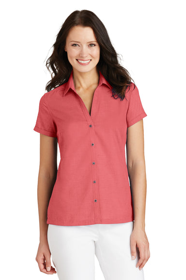 Port Authority L662 Womens Wrinkle Resistant Short Sleeve Button Down Camp Shirt Coral Pink Front